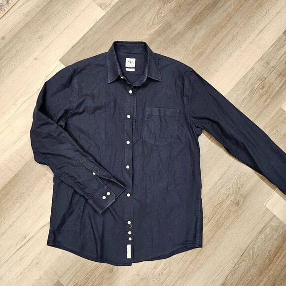 Zara Men's Medium Relaxed Fit Button Down Shirt Navy Cotton - Picture 1 of 5